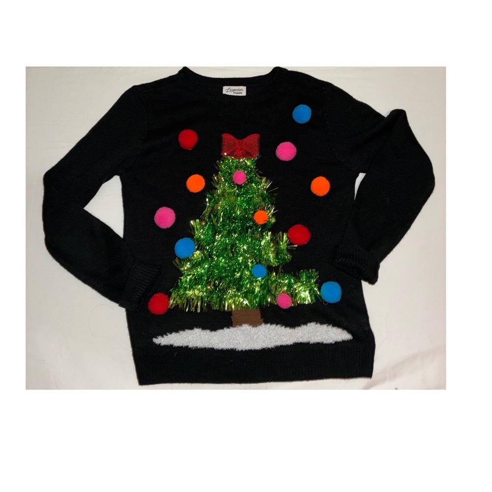 Lavender Moon Womens Black Tinsel Christmas Tree Sweater Poms Sequin Bow M READ